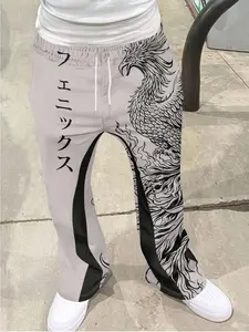 Men's Vintage Distressed Bell Bottom Pants, Fashion Print Drawstring Waist Sports Long Pants, 3D Soft Breathable Lightweight Fabric, Casual Daily Wear, Yoga Workout Pants