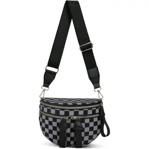 Bum Bag Checkered Crossbody Bags for Women Nylon Double Pockets Checkerboard Fan Grab Lab