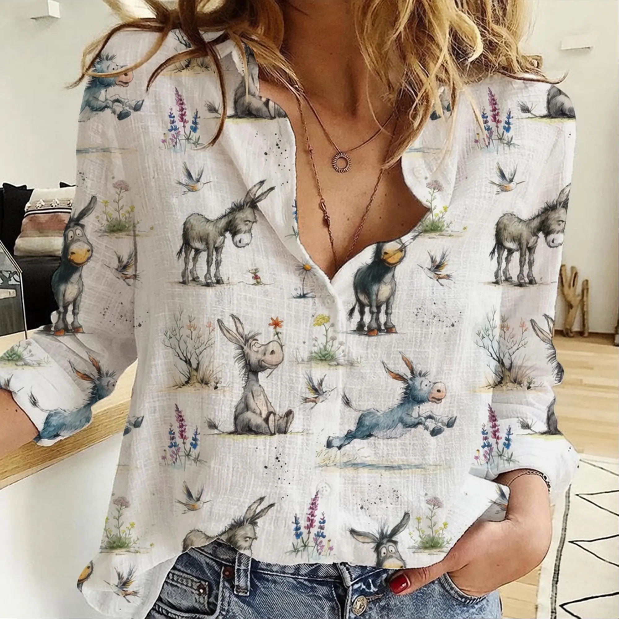 Floral Donkey Blouse | Cottagecore Donkey Shirt | Rustic Farm Animal Top | Donkey Lover Gift For Women