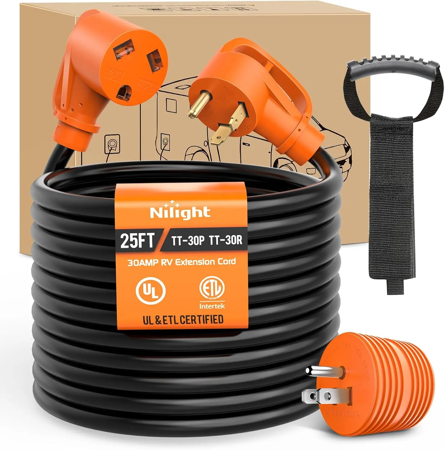 Nilight 30A 25FT 10 Gauge Pure Copper STW RV Extension Cord - 15A to 30A Adapter, 125V 3750W Heavy-Duty Flexible, UL/ETL Certified 3-Prong NEMA TT-30P Female to TT-30R, Outdoor Safe for RV Users’ Power Transfer
