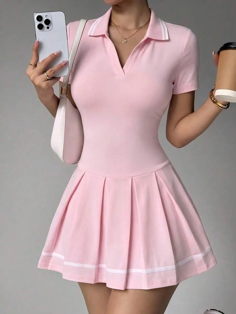 SLYNVIA Pleated Polo Collar Sports Dress With Built-In Safety Shorts And Pockets Elegant Summer Activewear Women