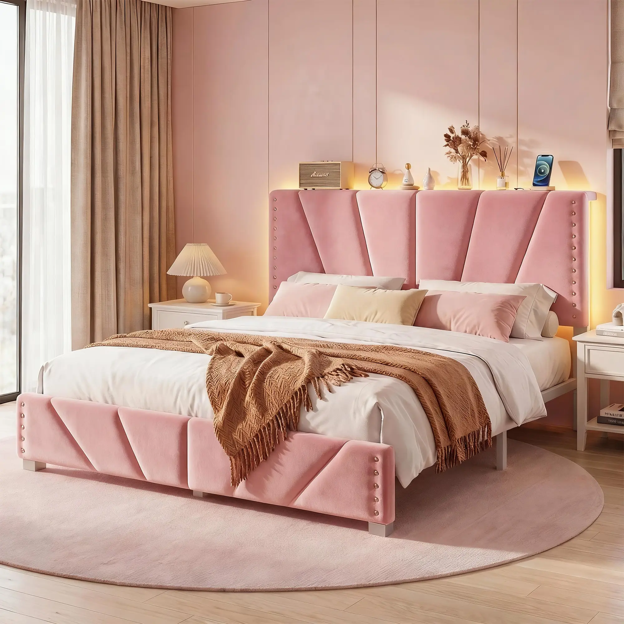 Raybee Pink Princess LED Bed Frame with Velvet Upholstered Padding Headboard for King Queen Full With USB Charging Station, No Mattress, Modern Platform Bedframe with Under Bed Storage, No Noise, Holds 881lbs, Wood Slats & Metal Frame, Gray, Beige, Black