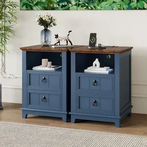 Set of 2 Farmhouse Blue Nightstands with 2 Drawers & Charging Station, for Bedroom & Living Room
