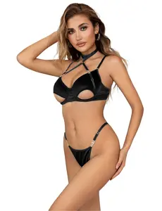 OHYEAH Women's Exotic Sexy Lingerie Set - Adjustable Strappy Underwire Bra, Elastic Plain Style Choker, Snap Thong Panty Set (Sizes S-2XL)