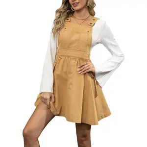 Women's Casual Sleeveless Denim Dress Adjustable Strap Ruffle Swing A-Line Overall Mini Dress