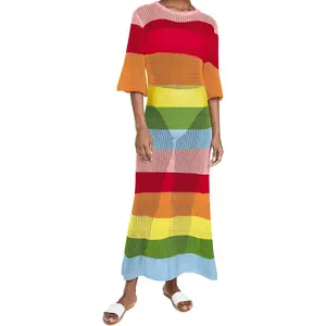 Saodimallsu Women's Crochet Cover Ups for Bikini Swimsuit Half Sleeve Bathing Suit Rainbow Swimwear Long Beach Dresses