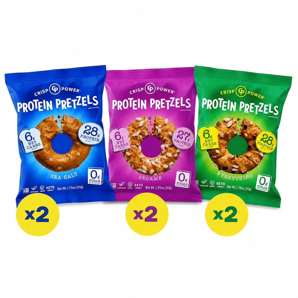 CRISP POWER Protein Pretzels Variety Pack - 6 Bags - Flavors: Sea Salt, Sesame, Everything Snack