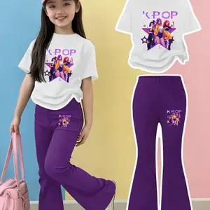 Girls' Short Sleeve & Bell Bottoms Set, K-Pop Demonhunters Design, Slim Fit, Breathable Fabric, Ideal for Outdoor Activities