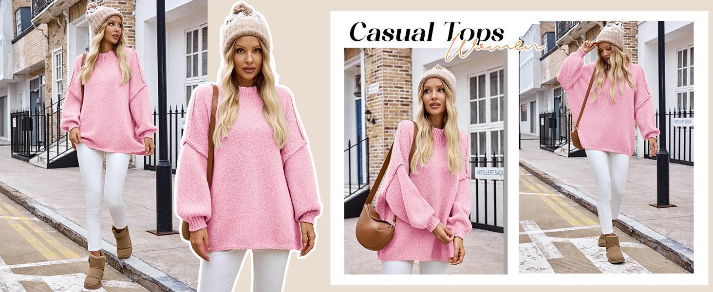 Imily Bela【Oversized】Womens Sweaters Mock Neck Batwing Long Sleeve Fall Trendy Ribbed Knit Casual Tunic Sweater