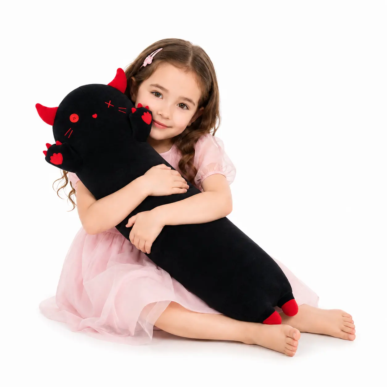 CHUBBYJOY 20in Huggable Collectible Devil Cat Plush Pillow - Black Red Animal Design Body Pillow with Devil Horns, Red-Tipped Tail, Paw Details, Dark Kawaii Aesthetic Gothic Stuffed Toy for Halloween Dorm Decoration