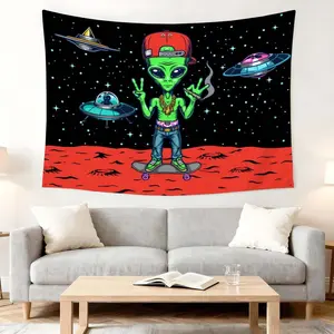 1 Pc Trendy Alien Skateboarding Tapestry for Home and Party Decor Space Theme Wall Hanging Bright Patterns Perfect for Living Room or Festival Background Creative Art Tapestry Room Decoration Accessories