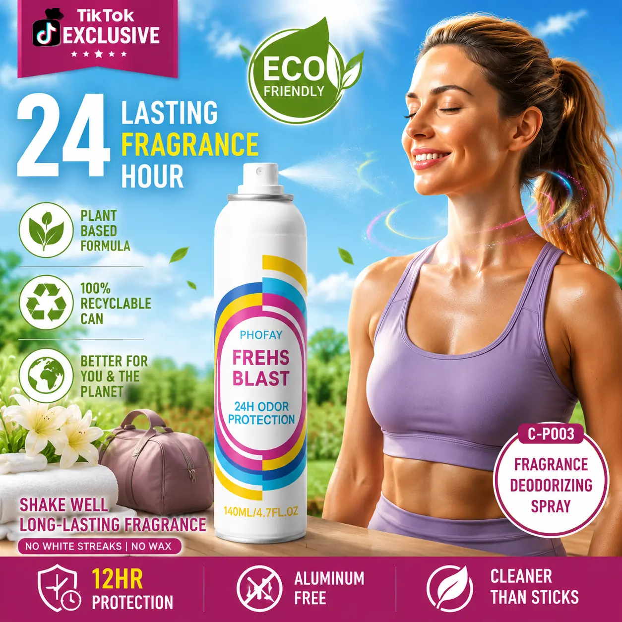 PHOFAY Fresh Blast Deodorant Body Spray–24H Odor Protection,Long Lasting Fragrance Mist,Aluminum Free Fresh Scent Spray with No White Marks, Quick Dry Non-Sticky Formula,Refreshing Body Mist for Women&Men Gym Bag Essential Workout,Travel&EverydayUse,140ml