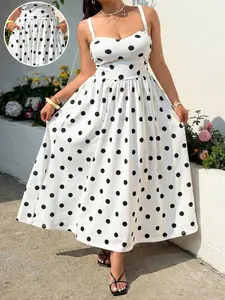 Plus Size Polka Dot Halter Long Dress, Waist Cinch Slim Fit A-Line with Pockets, Holiday Style Knee-Length Dress for Women