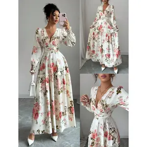Women's printed dress, French romantic design, pleated wood cuffs, lantern sleeves, slim waist, spring and autumn long skirt, casual wearRAIMENTRY