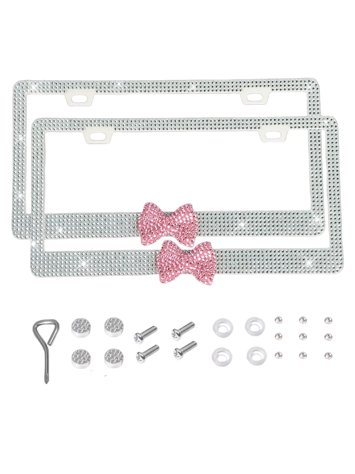 2 PCS Of Dazzling Plastic Bow License Plate Frames For Women, Personalized Car Plate, Car Accessories, Glittering Rhinestone Diamond Car Parts License Plate Frames And Glittering Crystal Hats