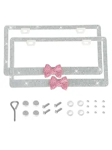 2 PCS Of Dazzling Plastic Bow License Plate Frames For Women, Personalized Car Plate, Glittering Rhinestone Diamond Car Parts License Plate Frames And Glittering Crystal Hats