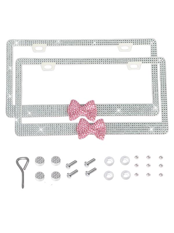 2 PCS Of Dazzling Plastic Bow License Plate Frames For Women, Personalized Car Plate, Glittering Rhinestone Diamond Car Parts License Plate Frames And Glittering Crystal Hats