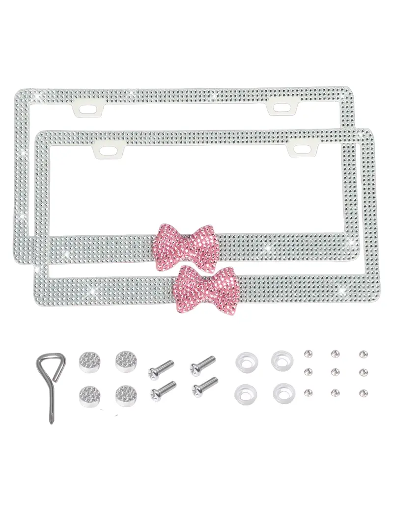 2 PCS Of Dazzling Plastic Bow License Plate Frames For Women, Personalized Car Plate, Glittering Rhinestone Diamond Car Parts License Plate Frames And Glittering Crystal Hats