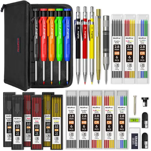 Nicpro Carpenter Pencil Set with Sharpener - Solid Mechanical Graphite Pencil, High-Quality Lead Refill, Carbide Tip Scribe, Spring Loaded Center Punch, Heavy-Duty Carpenter Tools, Smooth Zipper Canvas Case for Woodworkers