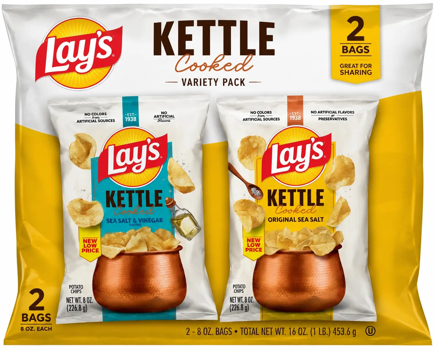 Lay's Kettle Cooked Potato Chips  Pack – Original Sea Salt & Sea Salt & Vinegar, 8 oz Bags, Crunchy Snack Bundle (2 Pack)
