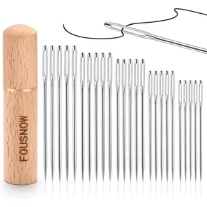 25 PCS Steel Sewing Needles, 5 Different Sizes Embroidery Large Eye Needles for Handsewing, Sharp Needle Kit with Solid Wood Case