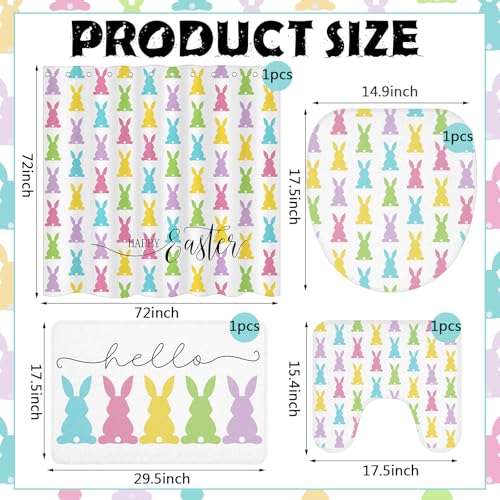 4/8Pcs Easter Bunny Bathroom Decor Set including 70x70in Waterproof Bunny Flower Shower Curtain with Hooks & Non Slip Bath Mat & U shaped Rug & Toilet Lid Cover for Spring Bathroom Makeover Home Supplies
