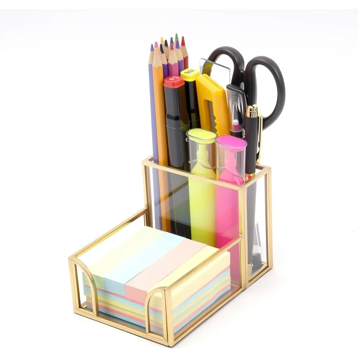 Elegant Gold Glass Sticky Note Dispenser With Built-In Pen Slot Fits 3x3 Inch Post It Notes Stylish Desktop Memo Holder Decorative Stationery Storage Organizer Luxury Desk Accessory Supplies For Home Office Workspace Table Cubicle Decor For Women Coworker