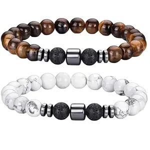 Natural Stone Bracelet Set - Tiger Eye & White Howlite with Lava Stone, Unisex Aromatherapy & Stylish Beaded Bracelets