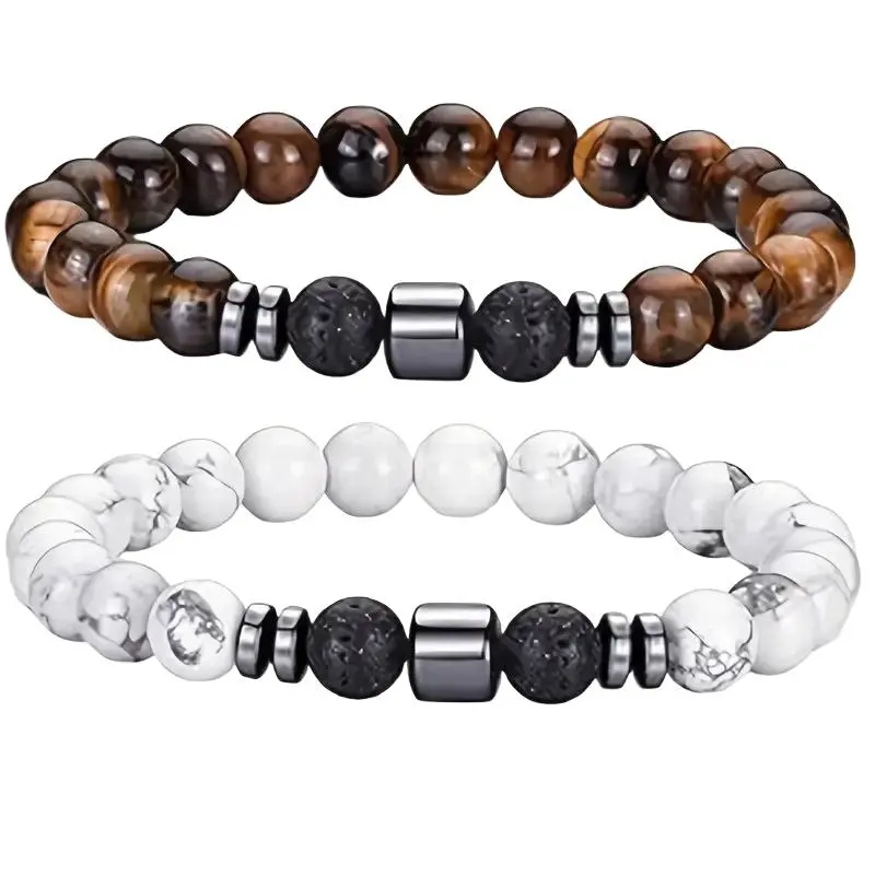 Natural Crystal Bracelets Set with Tiger Eye & White Howlite, Unisex Stackable Beaded Lava Stone Diffuser Bands for Stress Relief