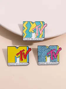 3-Pack Mtv Retro Music Badges, Classic Fingerprint Geometric Design, Colorful Theme Pins for 90s Nostalgia Lovers & Vintage Style Enthusiasts, Music Television, Fashion Accessory