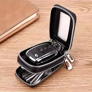 High-end key case, double-zippered car key case. Outer layer made of cowhide, genuine Faux Leather key case, key chain, large capacity, suitable for both men and women.