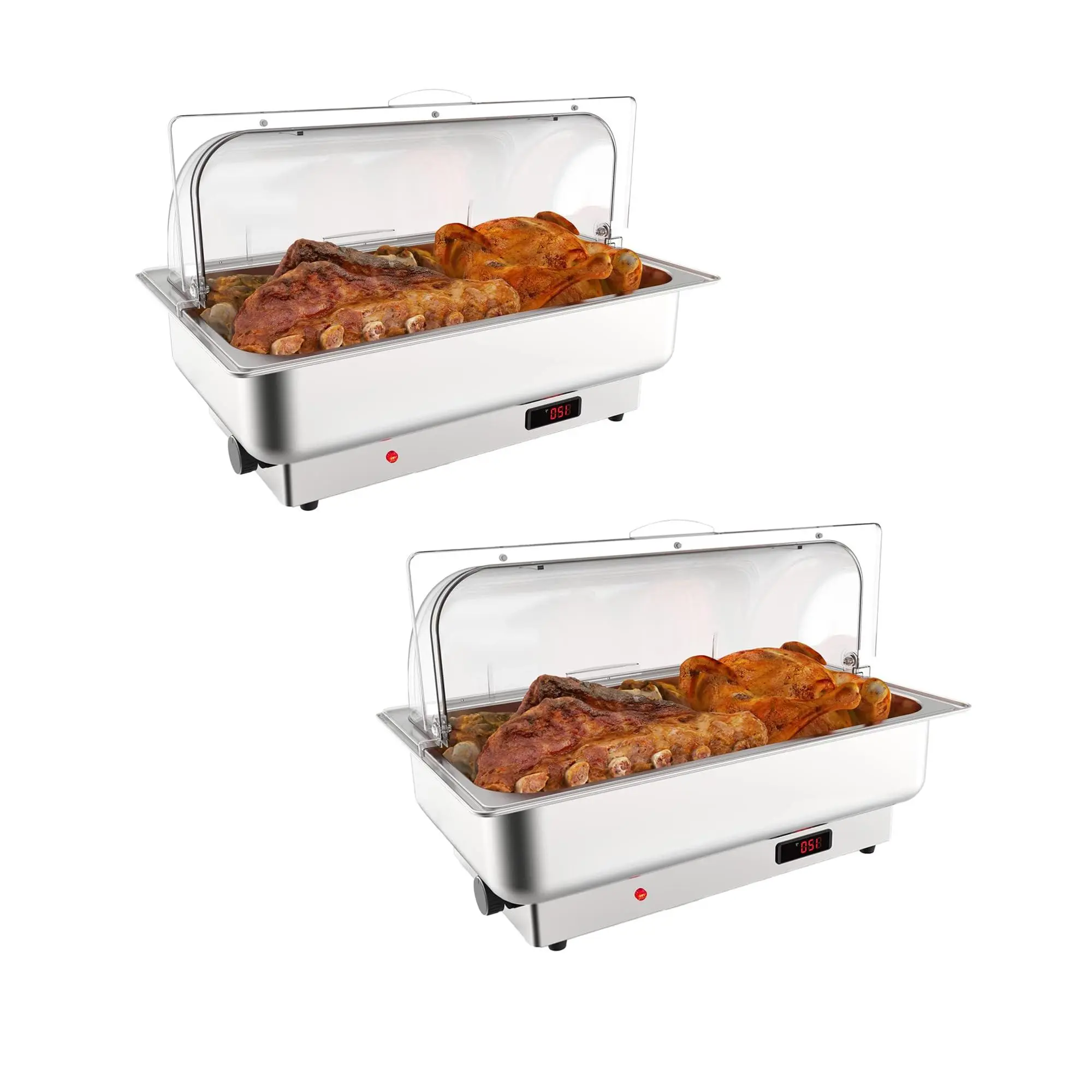 GAOMON 2-Pack Full Size Electric Chafing Dish Buffet Set, 9 QT Roll Top Stainless Steel Chafer with Transparent PC Lid, 400W 86-200°F Temperature Control for Family Gatherings Catering