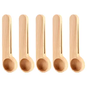 5 Pack Wooden Coffee Scoop and Bag Clip, 2-in-1 Measuring Spoon for Ground Coffee, Tea, Spices, Natural Wood Color