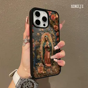 Virgin Mary Floral Pattern Magnetic Phone Case for iPhone 15 16 14 17 Pro Max 13 12 11 Plus Air Cellphone Shockproof Protector Acrylic MagSafe Cover Supports Wireless Charging Smartphone protective cover Casing Protector