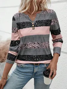 Women's Colorblock Striped Print Buttons Notched Neck Tee, Casual Long Sleeve T-shirt for Fall & Winter, Women's Clothing for Daily Wear, Womenswear