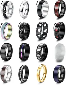 Besteel 16Pcs Stainless Steel Fidget Rings for Men Women Stress Anxiety Relief Rings Black Cool Chain Band Spinner Rings Set for Wedding Promise Mens Rings Pack