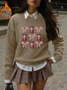 Women's Winter Warm Faux Sweater, Geometric Pattern Print, Round Neck, Long Sleeve, Slimming Base Layer, Warm Knitwear, Trendy Relaxed Casual Style Top, Comfortable, Soft and Skin-Friendly Fabric