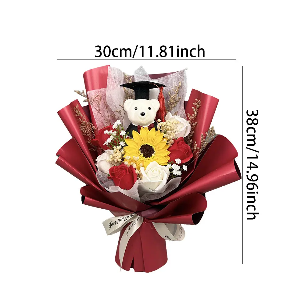 Decorative Mixed Bouquet Artificial Flowers - Handmade Fragranced Soap Arrangement with Sunflower, Rose, Daisy, Red Carnation, Lily - Pink & Large Red Rose Home Living Room Decor, Graduation Gift
