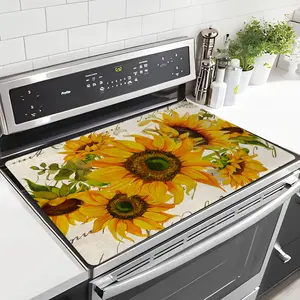 1pc 2D Flat Stove Cover Protector Featuring a Spring Sunflower Design with Green Foliage And a Vintage Script Backdrop, Measuring , Easy to Clean for Use in The Kitchen, Washing Machine, Dryer, Or As a Stovetop Panel Protector