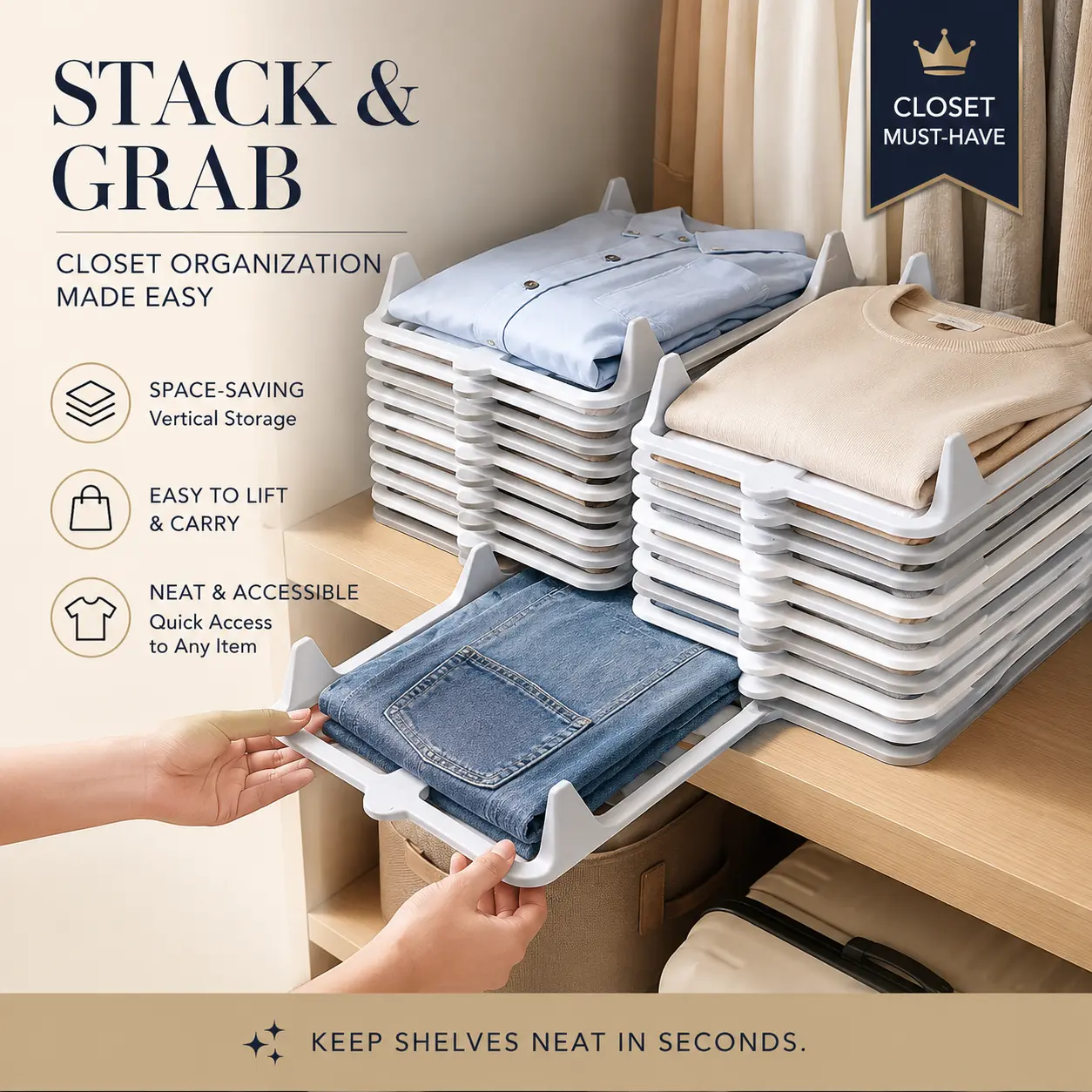 10pc Clothes Stacking Organizer Shelves - No Installation Home Supplies Wardrobe Storage Holder, Space-Saving Easy-Access Solution for Laundry, Eliminates Closet Chaos, Keeps Clothes Perfectly Folded