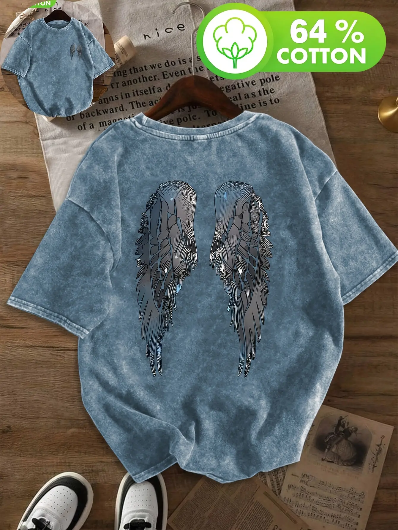 Women's Gradient Blue-Pink Rhinestone Wing Digital Print Crew Neck Short Sleeve Shiny Graphic Tee, Classic Fit Washed Retro Casual Everyday Top, Butterfly Wing Women's T-Shirts, Angel Wings Graphic Women's T-Shirts