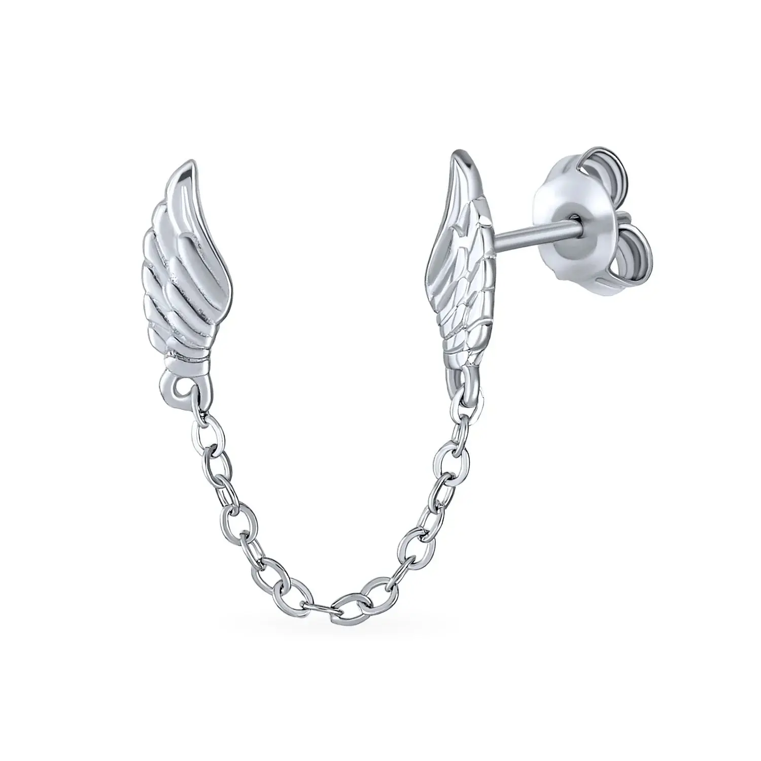 Delicate Angel Wing Feather Stud Earrings with Chain Silver Double Piercing
