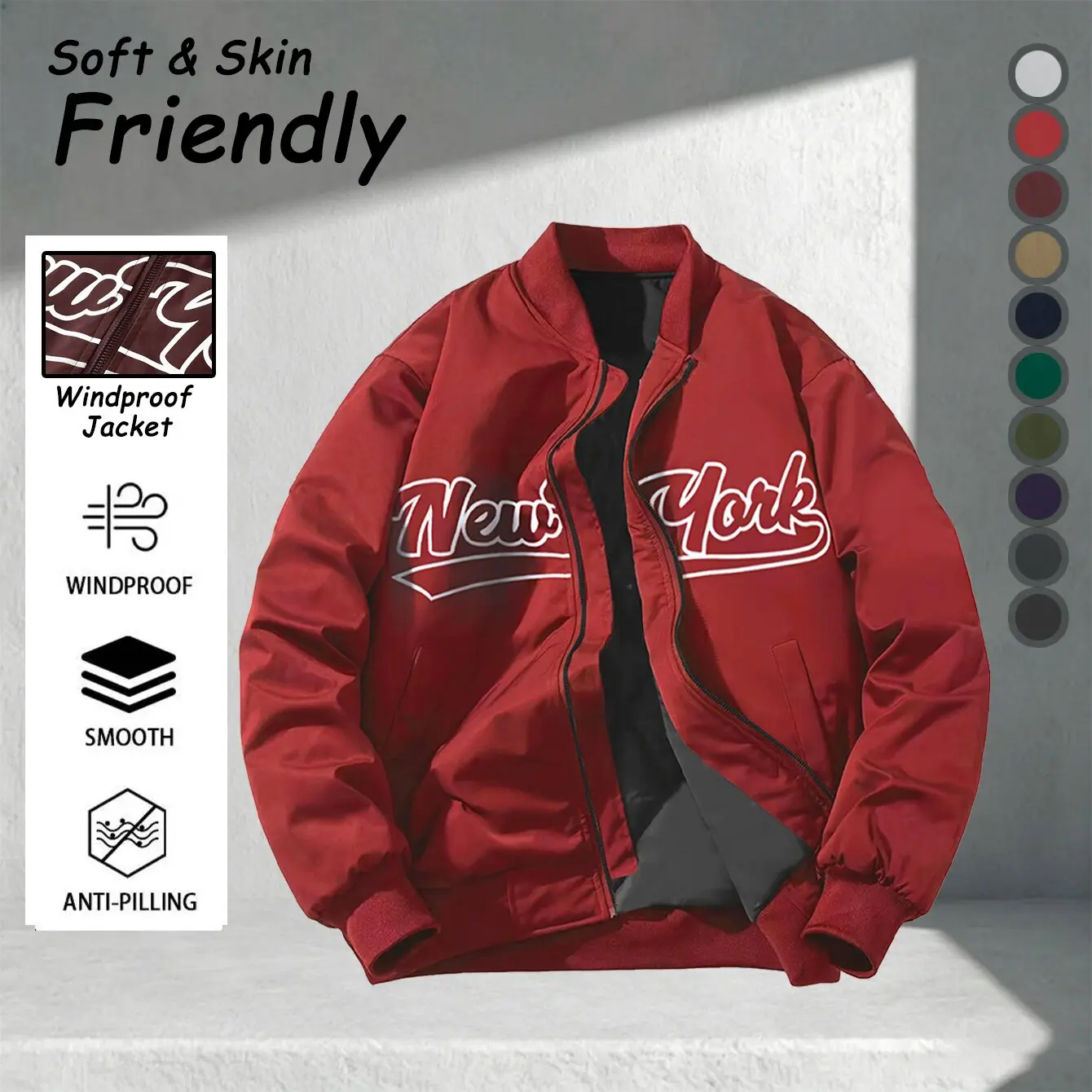 Men’s letter-print baseball jacket, classic ribbed stand collar zip American baseball outerwear, lightweight lining windbreaker, loose street casual outer layer, suitable for everyday wear in spring and autumn.