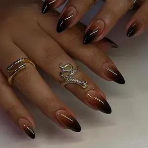 24 piece almond acrylic press on nails simple daily black gradient fake nails suitable for ladies and girls  It's a must have for daily outings work shopping and gatherings almond nails come with 1 piece of jelly glue and 1 strip