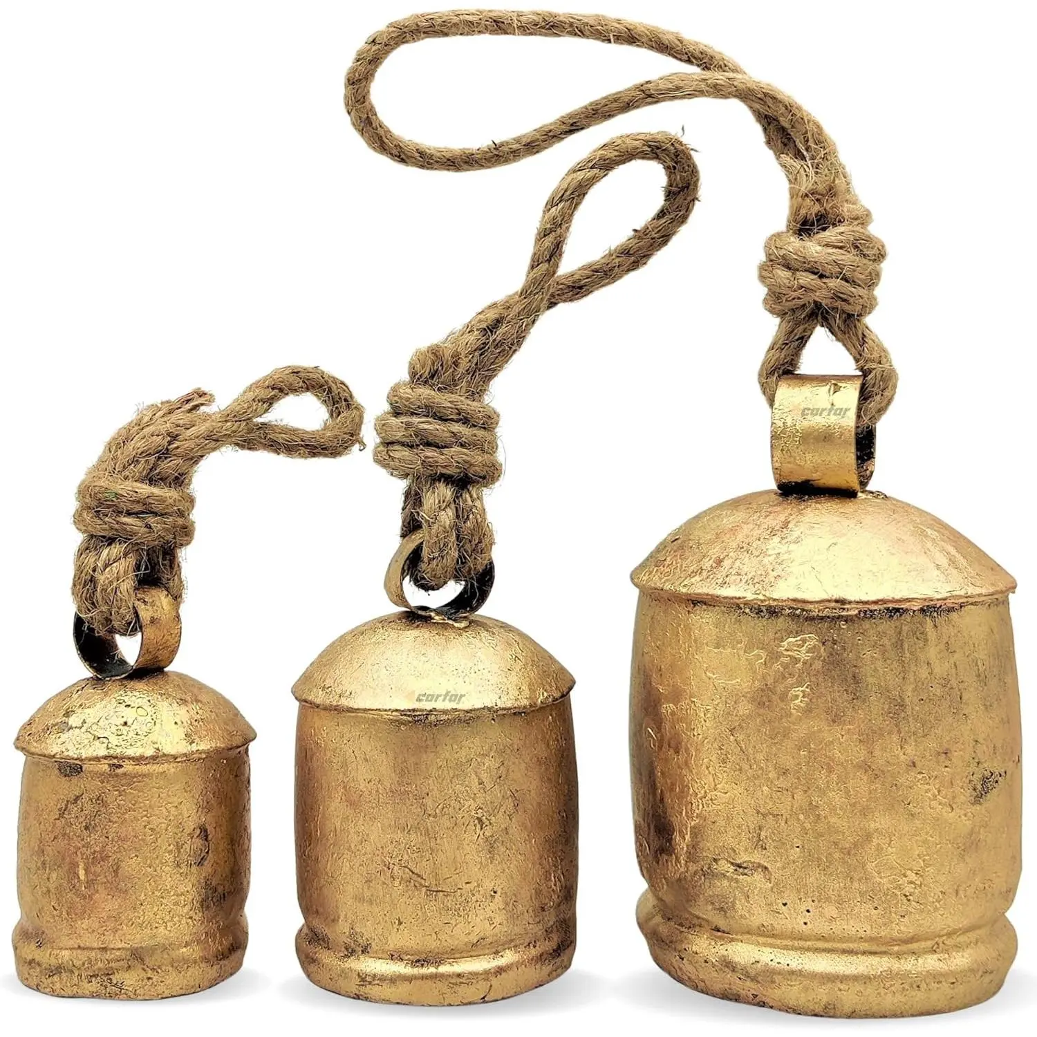 Shabby Chic Set of 3 Country Rustic Style Bells Handmade Metal Harmony Christmas Hanging Cow Bell Set on Jute Rope (Small)