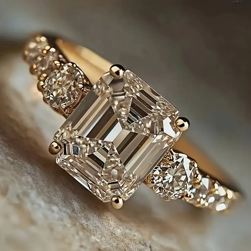 Women's Elegant Rectangular Synthetic Zirconia Ring - KC Gold-Plated, Gold-Colored, Sparkly Embellished Costume Jewelry, Wedding Proposal Gift, Valentine's Day Anniversary Everyday Accessory, Gold-Colored Rings, Sparkly Embellished Rings