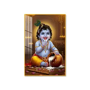 Crystal Porcelain Little Krishna Wall Art with Rose Golden Aluminum Frame Spiritual Home & Office Decor 24x36 inches Premium Porcelain High Definition Artwork