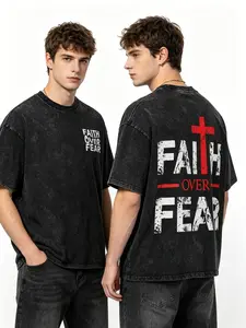 Men's Unisex Summer Retro Faded Acid Washed Cotton T-Shirt - Drop-Shoulder, Short-Sleeve, Courage and Faith Declaration Print
