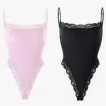 KatchMe Lace Series Women's Spaghetti Strap Lace Trim Breathable Bodysuit, Minimalist Chic Bodysuit, Seamless Fitted Plain Lightweight Bodysuits