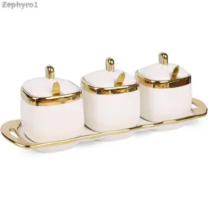 Sugar Bowl with Lid and Spoon,Ceramic Condiment Jars  Container with Tray,Salt and Sugar Containers, Condiment Canisters Pots Seasoning Box Set of 3 for Kitchen Coffee Bar,WhiteZephyroAB13MaisonLuxe